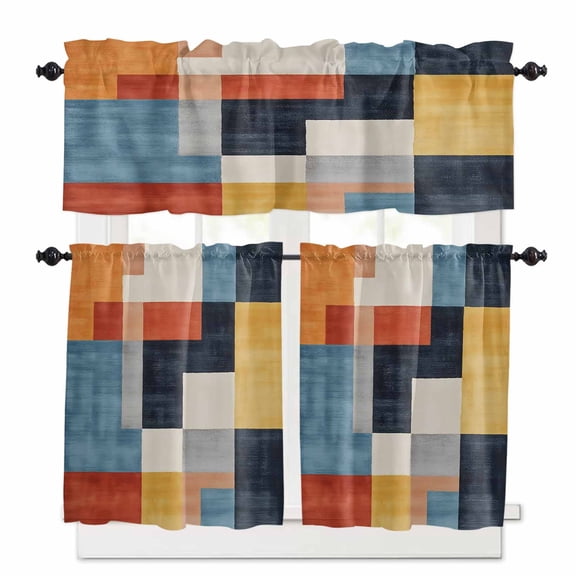 Abstract Stitching Kitchen Curtains Valances and Tiers Set of 3, 24 Inch Length Tier Curtains and Valance Rod Pocket Valance Curtains Set for Kitchen Bathroom Small Windows