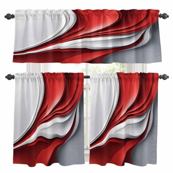 Abstract Stitching Kitchen Curtains Valances and Tiers Set of 3 Red White Water Ripple Gradient Tier Curtains and Valance with Rod Pocket for Small Windows, 27.5"x36"