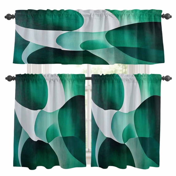 Abstract Stitching Kitchen Curtains Valances and Tiers Set of 3 White Green Curve Gradient Tier Curtains and Valance with Rod Pocket for Small Windows, 27.5"x36"