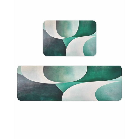 Abstract Stitching Kitchen Mats for Floor 2 Piece, Green White Curve Gradient Absorbent Non-Slip Kitchen Rugs Comfort Standing Mat for Laundry, Hallways 23.6"x35.4"+23.6"x70.9"