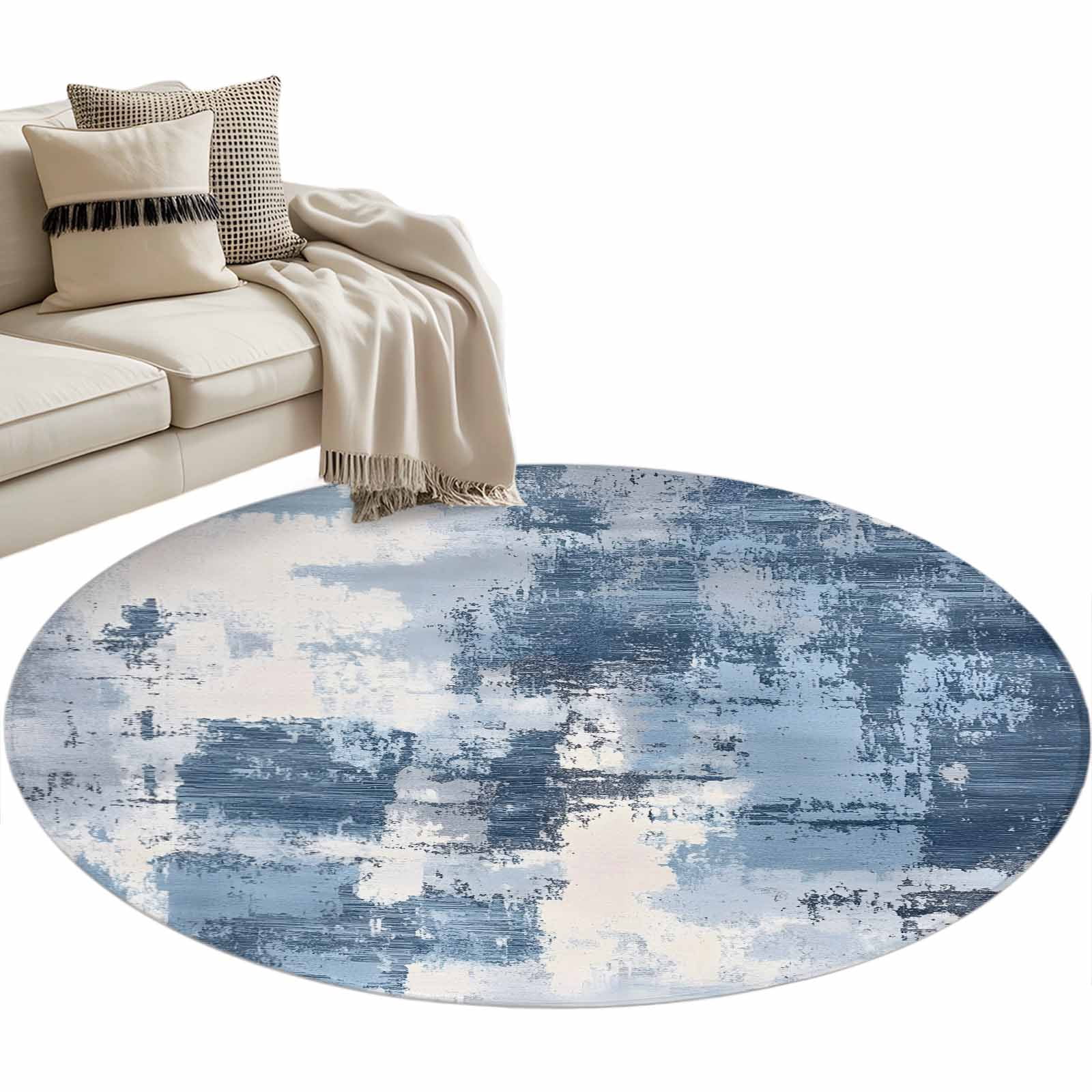Abstract Stitching Round Area Rug 3ft Vintage Blue White Blend Texture ...