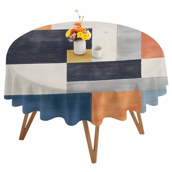 Abstract Stitching Round Tablecloth 54 inches Blue White Yellow Stripe Art Waterproof Oil-Proof Table Cloth Round Table Cover for Holiday Party Picnic Dinner Decor Indoor and Outdoor Use