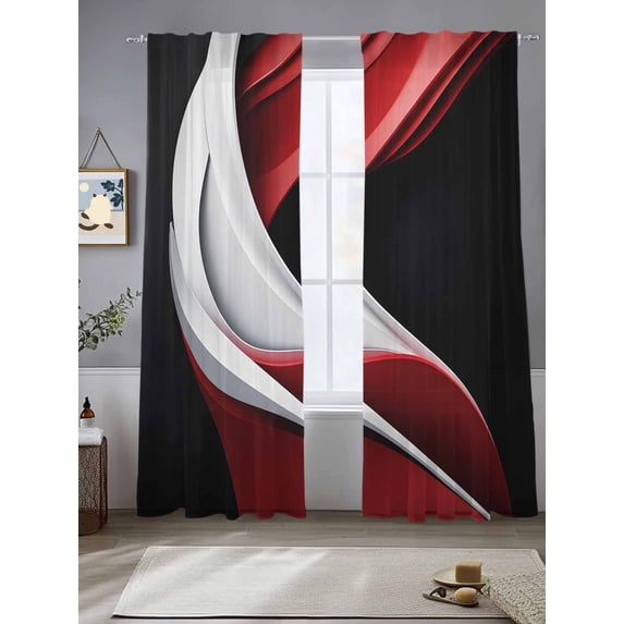 Abstract Stitching Sheer Curtains 108 Inches Long 2 Panels Gary Black Red Water Ripple Light Filtering Semi Sheer Window Curtains Drapes for Bedroom Living Room 52"x108"