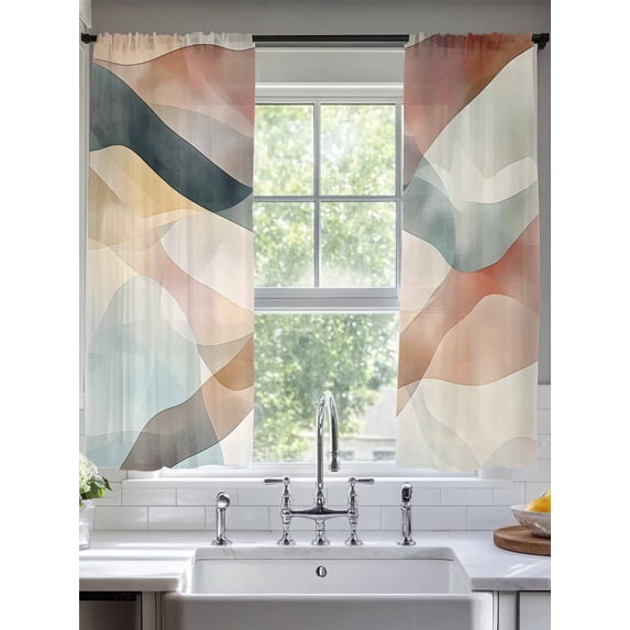 Abstract Stitching Sheer Curtains 63 Inches Long 2 Panels Blue Brown Water Ripple Light Filtering Semi Sheer Window Curtains Drapes for Bedroom Living Room 52"x63"