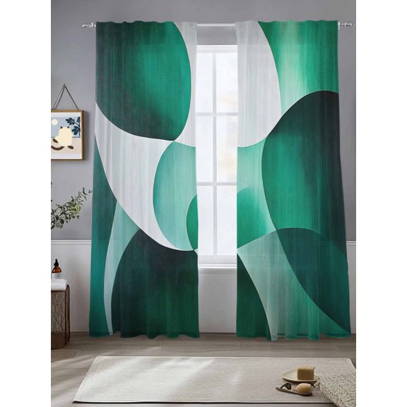 Abstract Stitching Sheer Curtains 84 Inches Long 2 Panels White Green Curve Gradient Light Filtering Semi Sheer Window Curtains Drapes for Bedroom Living Room 52"x84"
