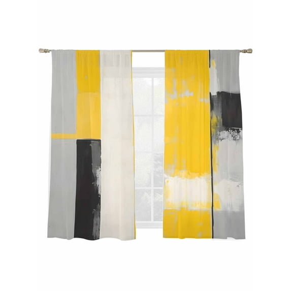 Abstract Stitching Sheer Curtains for Living Room Bedroom, Light-filtering Sheer Curtain, Black Gary Yellow Plaid Rod Pocket Voile Window Treatment Drapes, 52’’Wx72’’L, 2 Panels Set