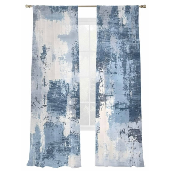 Abstract Stitching Sheer Curtains for Living Room Bedroom, Light-filtering Sheer Curtain, Vintage Blue White Blend Texture Rod Pocket Voile Window Treatment Drapes, 52’’Wx84’’L, 2 Panels Set