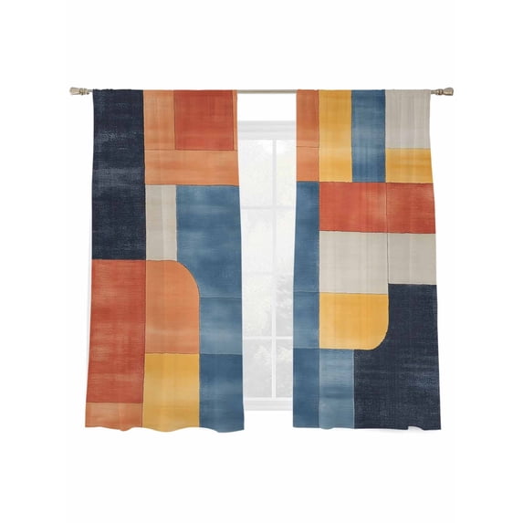 Abstract Stitching Sheer Curtains for Living Room Bedroom, Light-filtering Sheer Curtain, White Orange Blue Fluid Wash Art Rod Pocket Voile Window Treatment Drapes, 52’’Wx63’’L, 2 Panels Set