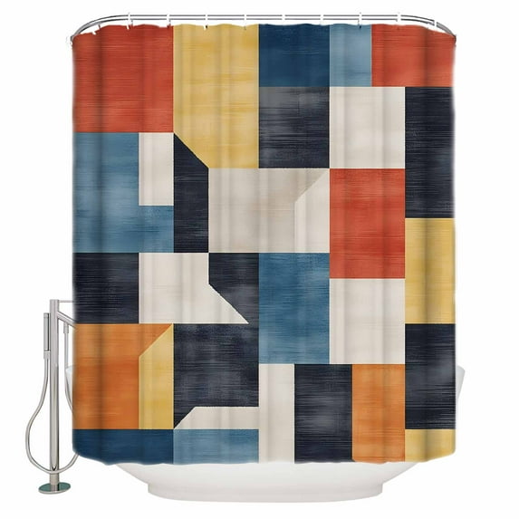 Abstract Stitching Shower Curtain, 72" x 72", White Orange Blue Stripe Art Waterproof Bathroom Curtain Washable Shower Curtain Set with 12 Hooks