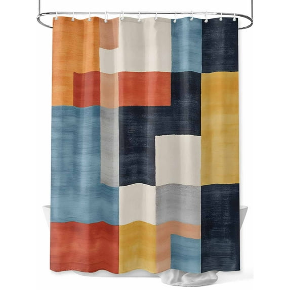 Abstract Stitching Shower Curtain, White Yellow Blue Stripe Art Waterproof Shower Curtain Set with 12 Hooks Lightweight Washable Fabric Shower Curtains for Bathroom 60x72 Inches