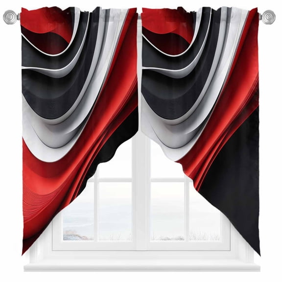 Abstract Stitching Swag Curtain Valance for Windows, Black Gary Red Water Ripple Stripe Window Treatments Short Swag Topper for Kitchen Windows Bathroom Bedroom, 28"x36"