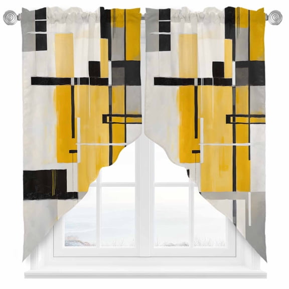 Abstract Stitching Swag Curtain Valance for Windows, Gary Black Yellow Stripes Window Treatments Short Swag Topper for Kitchen Windows Bathroom Bedroom, 36"x36"