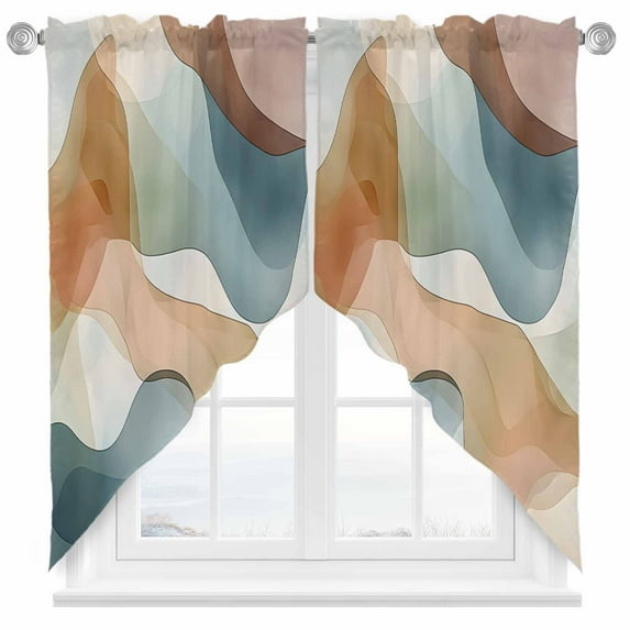 Abstract Stitching Swag Curtain Valance for Windows, Vintage Brown Blue Water Ripple Window Treatments Short Swag Topper for Kitchen Windows Bathroom Bedroom, 36"x63"