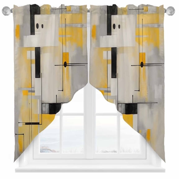 Abstract Stitching Swag Curtain Valance for Windows, Yellow Black Gary Stripes Window Treatments Short Swag Topper for Kitchen Windows Bathroom Bedroom, 36"x36"