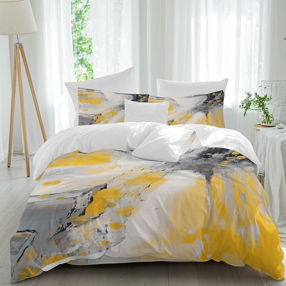 Abstract Stitching Twin Duvet Cover Set, Gary Yellow Blend Flow 4 Piece Microfiber Bedding Set with Zipper Closure, Bed Sheet and 2 Pillow Shams, Soft Bedding Cover