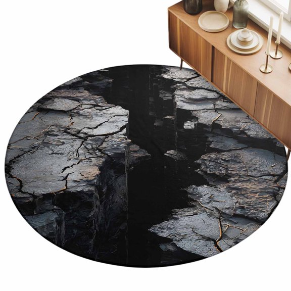 Abstract Stone Area Rug, Modern Artistic Realistic Black Grey Stone Texture Non-Slip Felt Rubber Backing Round Indoor Carpet Washable Rugs for Living Room Bedroom 3ft