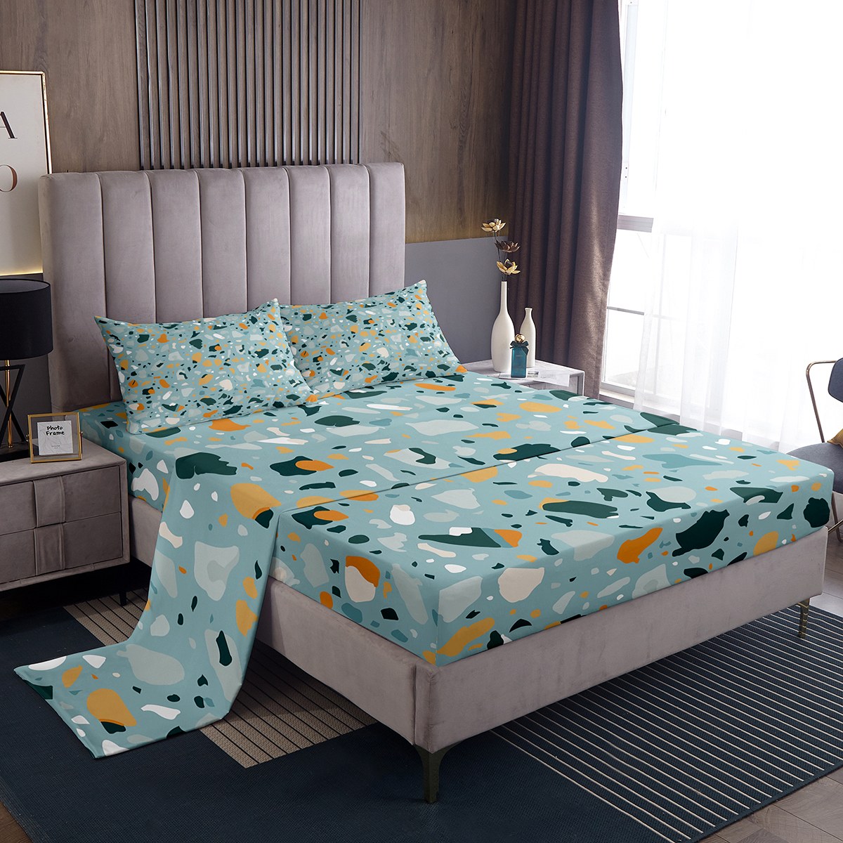 Abstract Stone Bed Set Modern Art Bed Sheets Set, Teal Turqoise Marble ...
