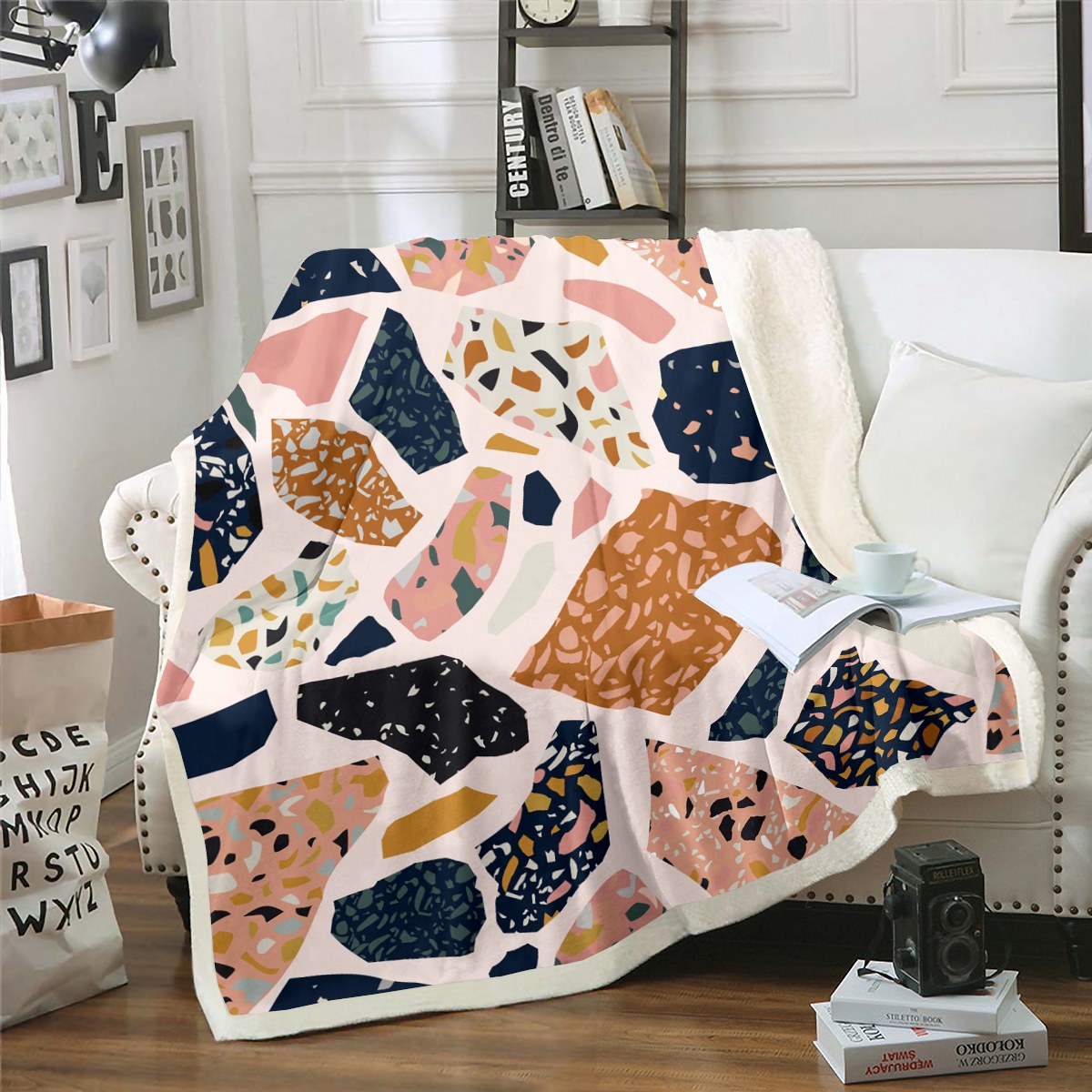 Abstract Stone Fleece Blanket Modern Art Blanket, Black Pink Marble