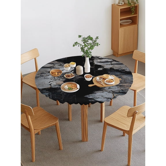 Abstract Stone Round Fitted Tablecloth with Elastic Edge, Modern Artistic Realistic Black Grey Stone Texture Waterproof Stretch Table Covers for 45"-54" Tables Wipeable Table Cloth for Outdoor