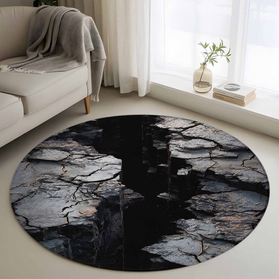 Abstract Stone Round Rug 4Ft Modern Artistic Realistic Black Grey Stone Texture Circle Area Rugs Washable Non Slip Indoor Floor Mats Carpet for Living Room Bedroom Dining Room Home Decor