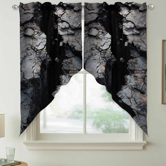 Abstract Stone Swag Kitchen Curtain Valances, Modern Artistic Realistic Black Grey Stone Texture Rod Pocket Curtains Window Treatment Decor Valances for Bedroom Bathroom, 2 Panels 36 x 36 Inch