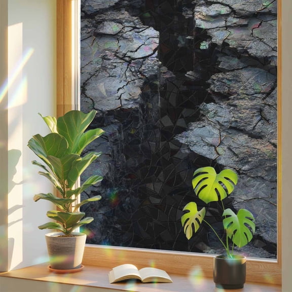 Abstract Stone Window Privacy Film, Modern Artistic Realistic Black Grey Stone Texture Stained Glass Rainbow Film Decorative Window Clings, Static Cling Sun Blocking Stickers 17.7" x 39.3"