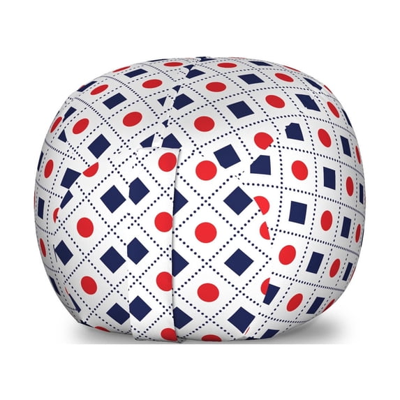 Abstract Storage Toy Bag Chair, Big Red Dots Squares and Dashed Lines Geometric Tile Print, Stuffed Animal Organizer Washable Bag, Small Size, Navy Blue White Red, by Ambesonne