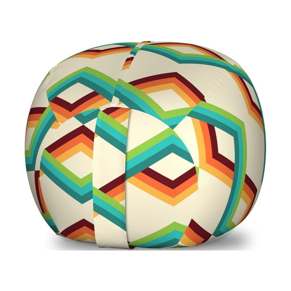 Abstract Storage Toy Bag Chair, Illustration of Colorful Stripes with Geometric Shapes Retro Design, Stuffed Animal Organizer Washable Bag, Small Size, Eggshell and Multicolor, by Ambesonne
