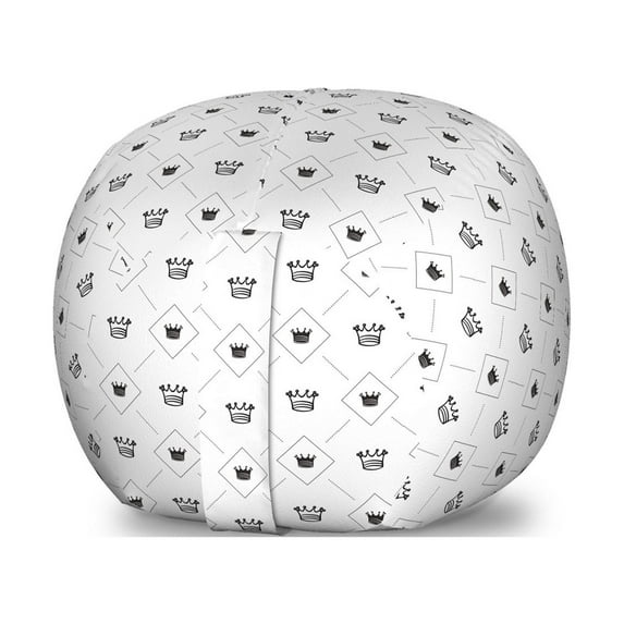Abstract Storage Toy Bag Chair, Minimalist Modern Motif Crowns and Dots Graphic Design, Stuffed Animal Organizer Washable Bag, Large Size, Black White, by Ambesonne
