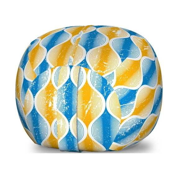 Abstract Storage Toy Bag Chair, Ogee Inspired Pattern Colorful Retro Grungy Look Circular Illustration, Stuffed Animal Organizer Washable Bag, Small Size, Azure Blue and Orange, by Ambesonne