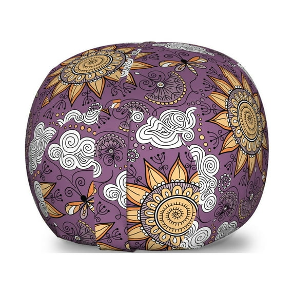 Abstract Storage Toy Bag Chair, Pointy Petal Sun Rays Clouds Curvy Clouds Ornaments Pattern, Stuffed Animal Organizer Washable Bag, Small Size, Pale Eggplant and Multicolor, by Ambesonne