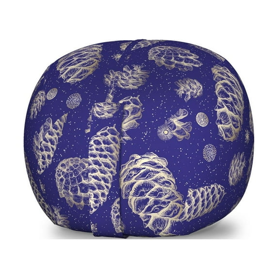 Abstract Storage Toy Bag Chair, Silhouettes of Pine Cones Fir Tree Hand Drawn Like Sketch Design Print, Stuffed Animal Organizer Washable Bag, Small Size, Indigo and Pale Tan, by Ambesonne
