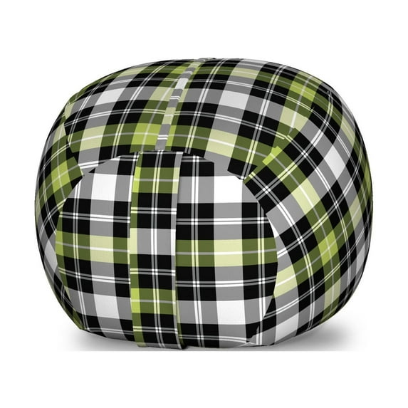 Abstract Storage Toy Bag Chair, Square Shaped Horizontal and Vertical Lines Geometric Style Art Print, Stuffed Animal Organizer Washable Bag, Large Size, Black Grey Lime Green, by Ambesonne