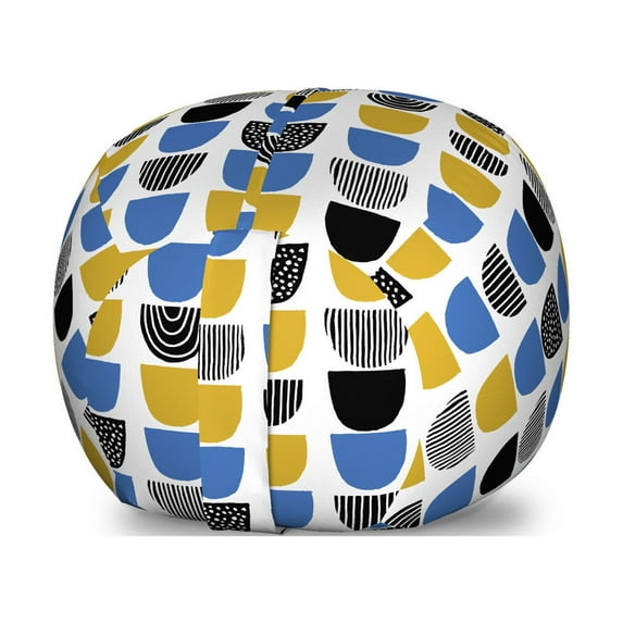Abstract Storage Toy Bag Chair, Surreal Pattern with Different Ornamental Shapes Hand Drawn Like, Stuffed Animal Organizer Washable Bag, Small Size, Yellow Blue Charcoal Grey, by Ambesonne