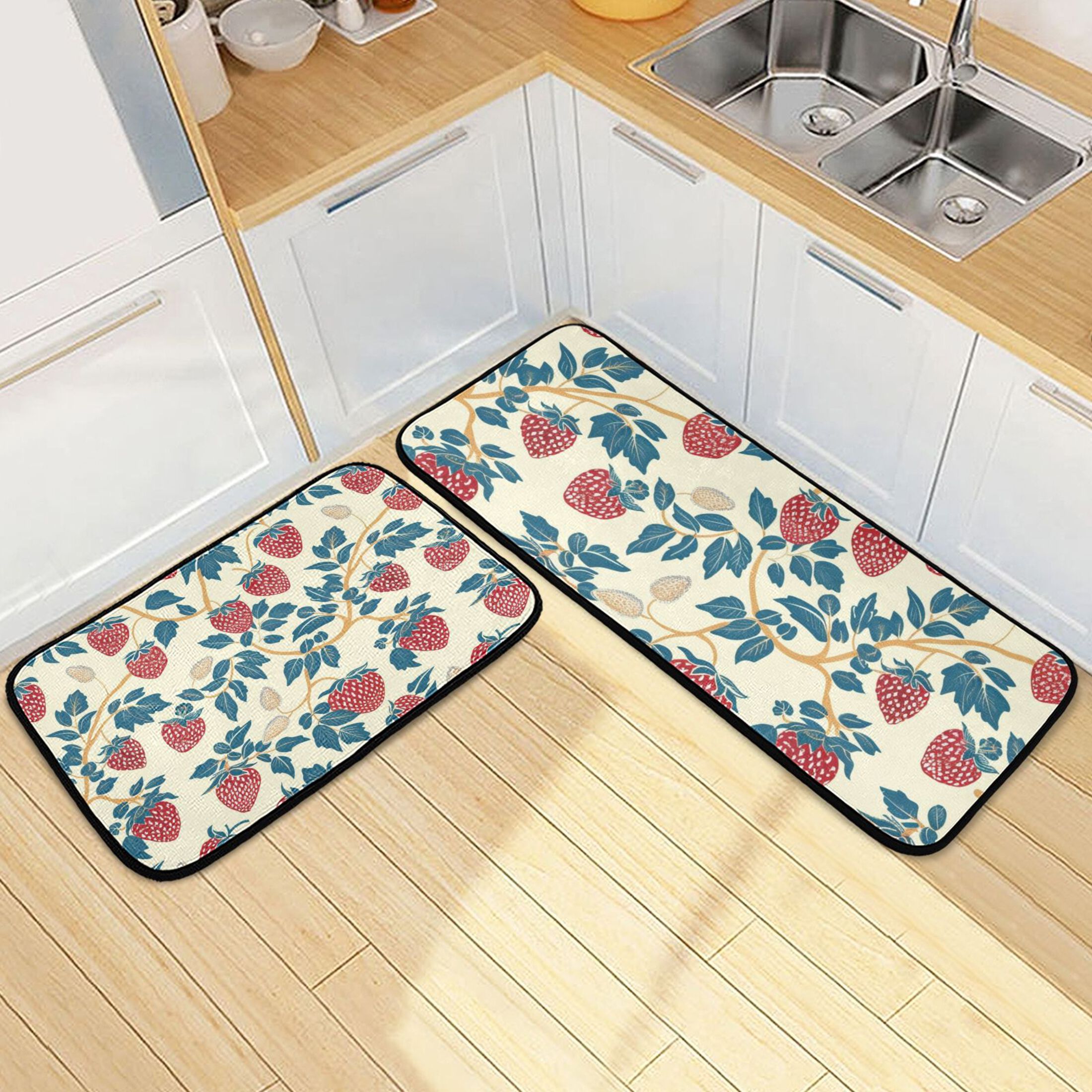 Abstract Strawberry Kitchen Rugs Set of 2 Non Slip Floor Foam Mat