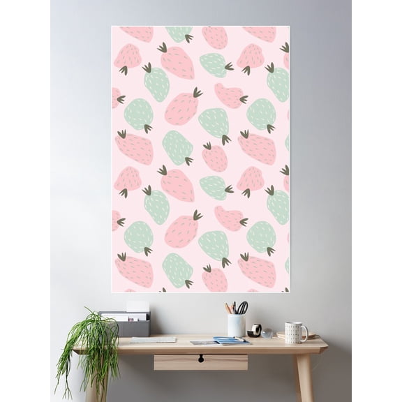 Abstract Strawberry Pattern In Mint And Pink Poster Wall Art, Modern Wall Decor For Living Room Bedroom, 8x12 UNFRAMED