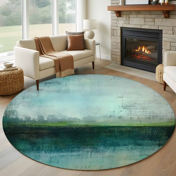 Abstract Street Art 8FT Round Area Rugs for Living Room 111 Vintage Green Watercolor Gradient Ultra-Thin Non-Slip Round Rugs Machine Washable Low Pile Circle Carpet for Bedroom Kitchen Nursery