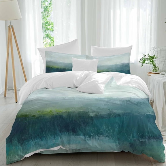 Abstract Street Art California King Duvet Cover Set, Vintage Watercolor Green Gradient 4 Piece Microfiber Bedding Set with Zipper Closure, Bed Sheet and 2 Pillow Shams, Soft Bedding Cover