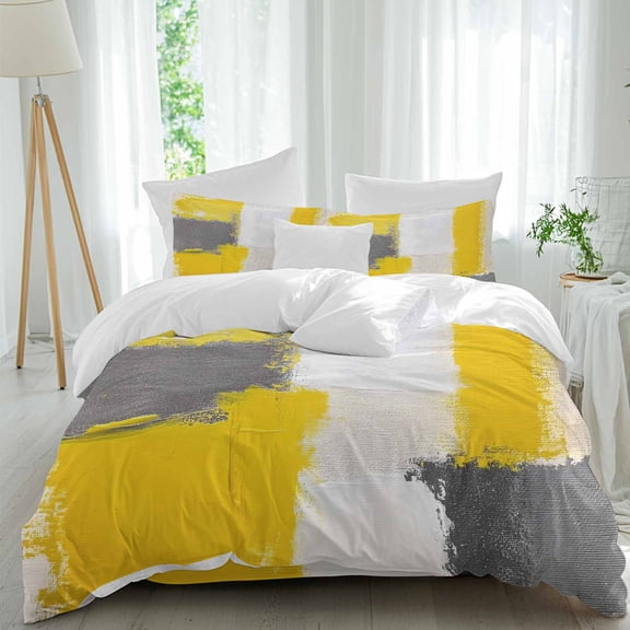 Abstract Street Art Comforter Set California King Size, Gary Yellow Color Stitching Soft Bedding Set for Man Woman, 4 Pieces Duvet Cover Set with Fitted Sheet, 2 Pillowcases