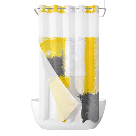 Abstract Street Art No Hook Shower Curtain with Snap in Liner, Gary Yellow Color Stitching Waterproof Shower Curtain for Bathroom with Top Sheer Window, 36x72 Inch