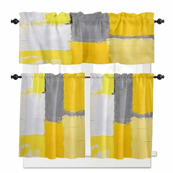 Abstract Street Art Kitchen Curtains and Valances Set, Yellow Gary Color Stitching Rod Pocket Window Valance 18 Inch Window Curtain Panels for Living Room Bedroom Laundry, 27.5x24in, 3 Pieces