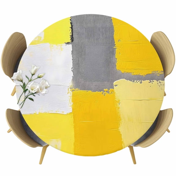 Abstract Street Art Round Fitted Table Cover Yellow Gary Color Stitching Waterproof Table Cloth with Elastic Edge Wipeable Tablecloth for Picnic Camping Party Fits 55"-60" Diameter