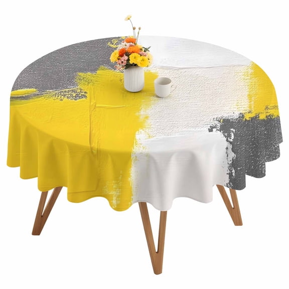 Abstract Street Art Round Tablecloth 54 inches Gary Yellow Color Stitching Waterproof Oil-Proof Table Cloth Round Table Cover for Holiday Party Picnic Dinner Decor Indoor and Outdoor Use