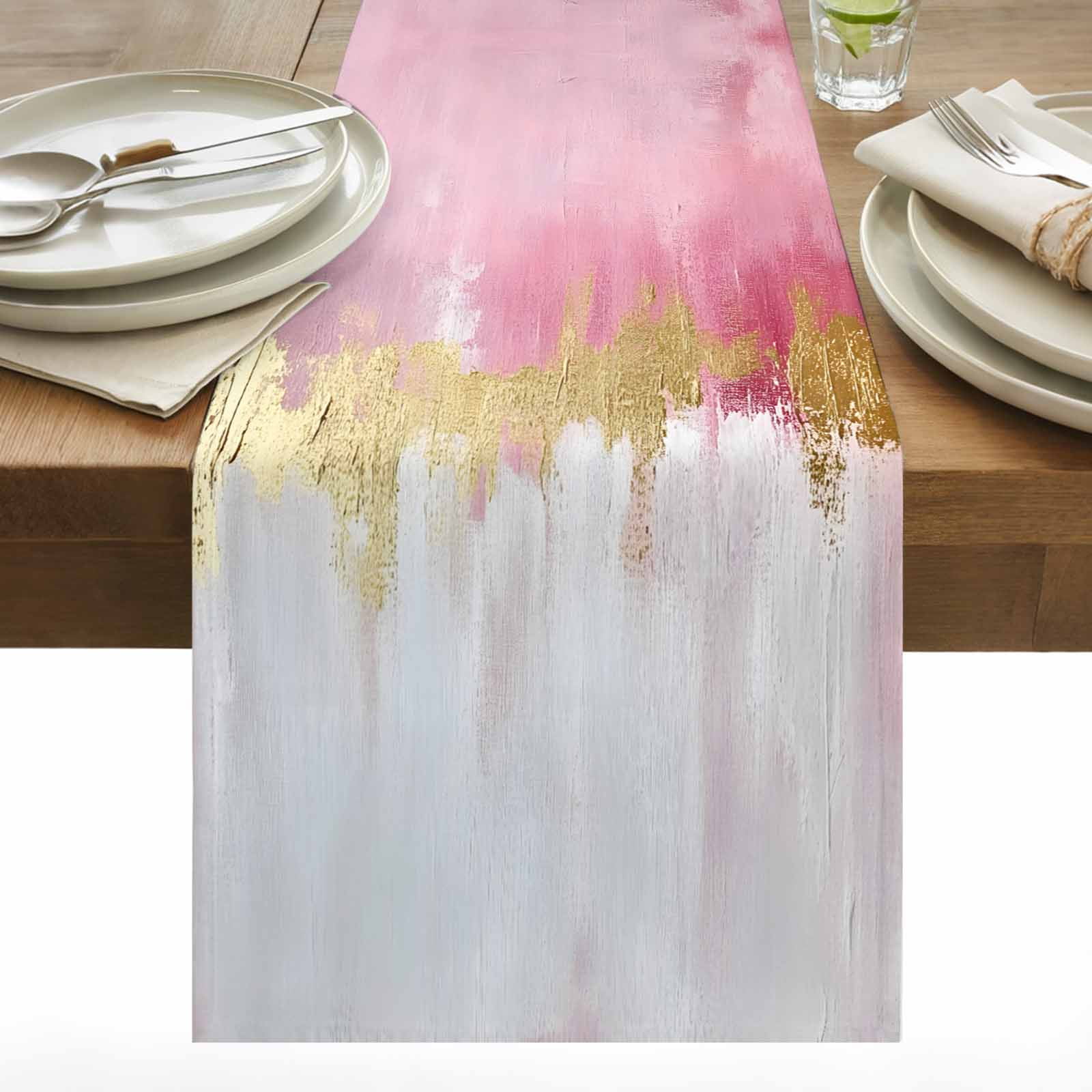Abstract Street Art Table Runner 13x120 inch Pink Gold Watercolor Decoration Cotton Linen Dining Table Runner Ideal for Dresser Kitchen Coffee Tables - Machine Washable