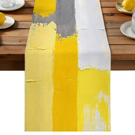 Abstract Street Art Table Runner, Yellow Gary Color Stitching Cotton ...