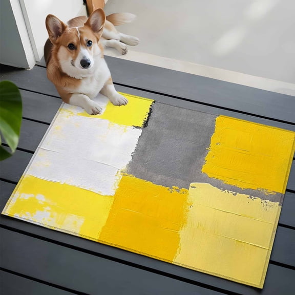 Abstract Street Art Washable Area Rug 2x3 111 Yellow Gary Color Stitching Low-Profile Area Rugs with Non Slip Backing Indoor Floor Carpet for Entrance Living Room Bedroom Home Office
