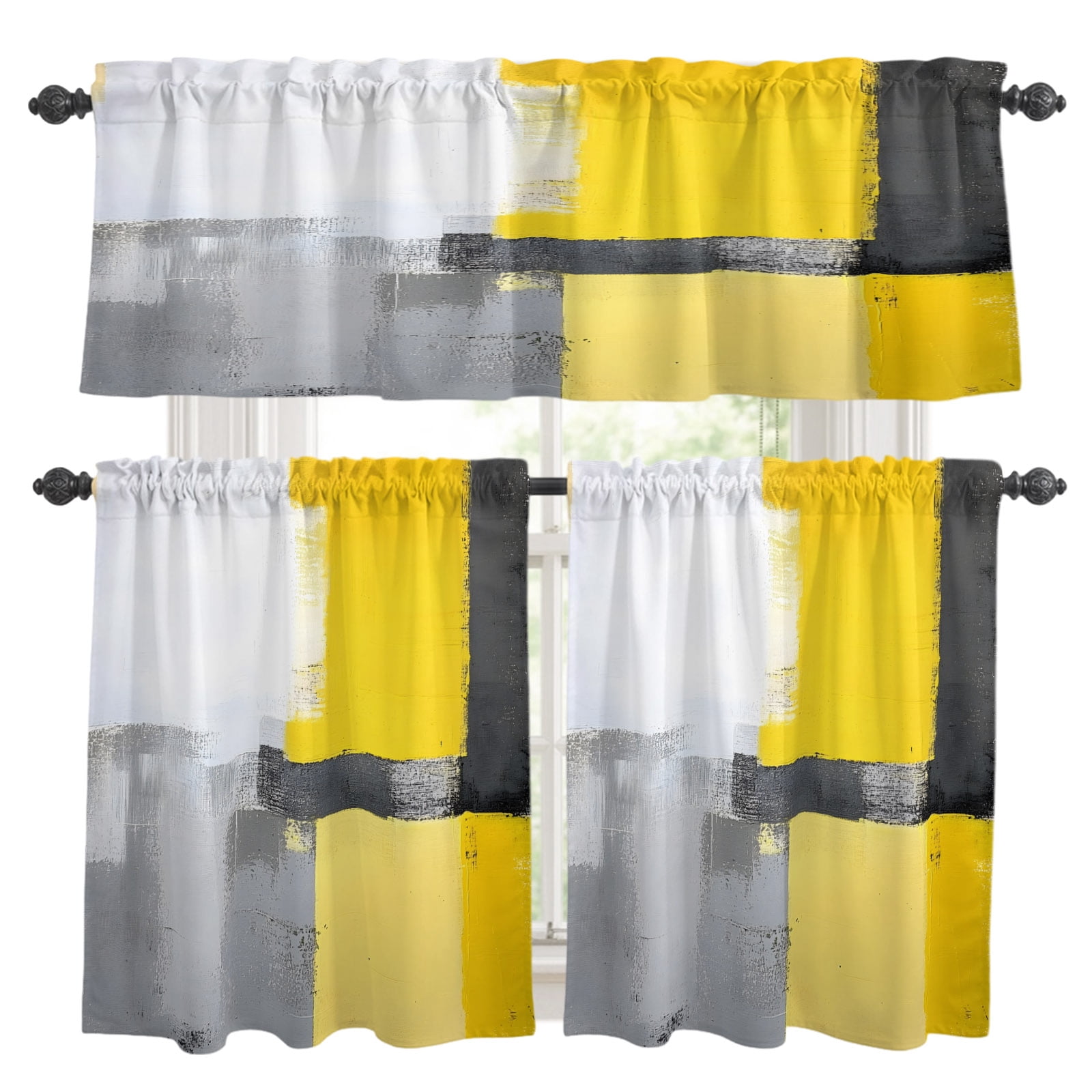 Abstract Street Theme Kitchen Curtains Valance and Tier Set Grey Yellow ...