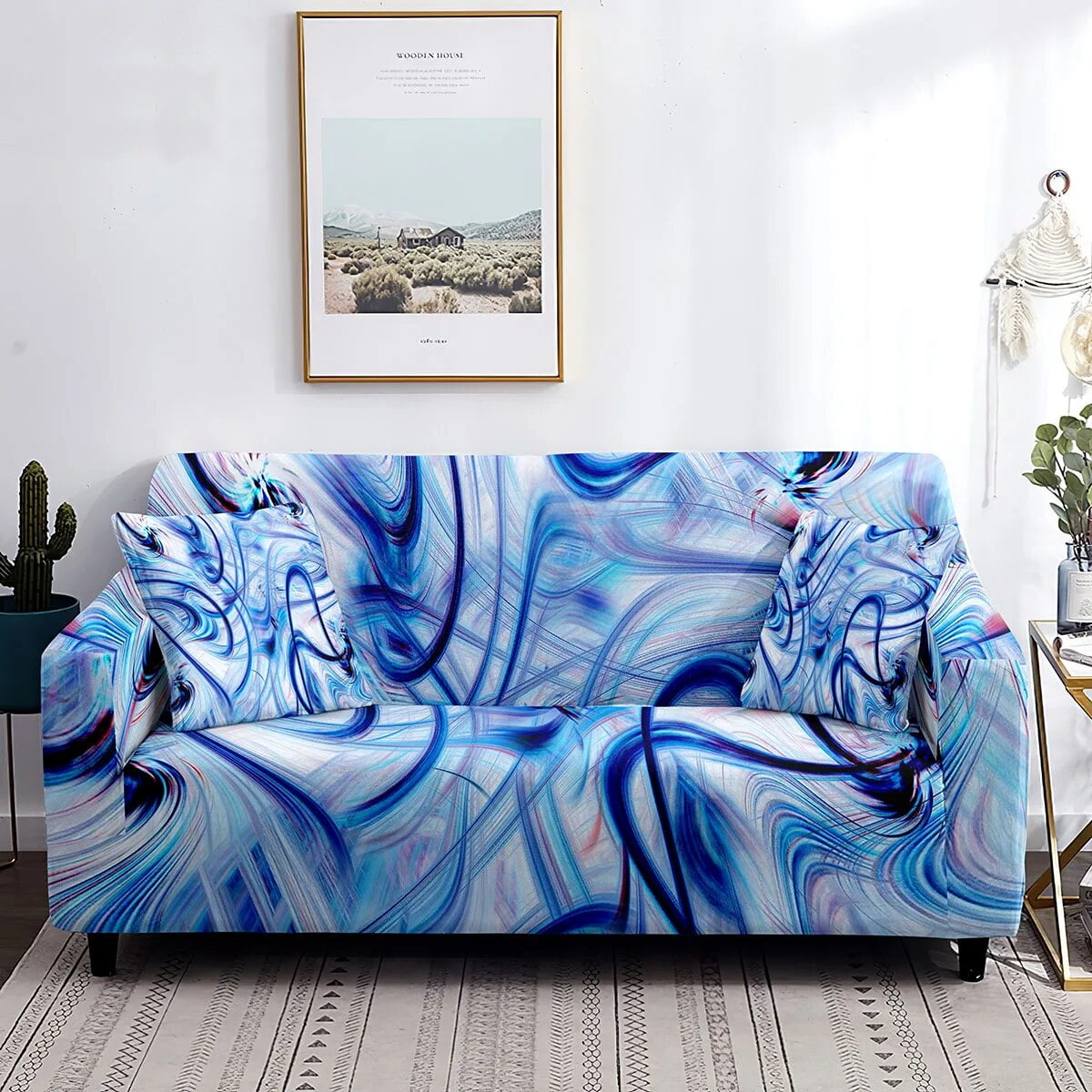 Abstract Stretch Sofa Cover White and Blue Flowing Lines Couch Covers