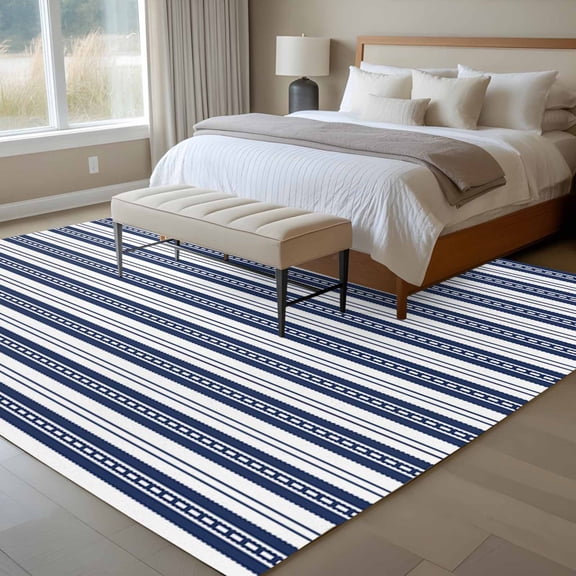 Abstract Stripe 6x9 Rug for Dining Room Table and Chair Setup, Classic Navy Blue Point Lines Low Pile Washable Non Slip Rectangle Area Rug