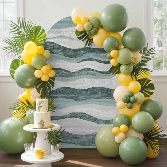 Abstract Stripe Arch Backdrop Cover, 6FT, Green Gary Watercolor Wave Texture Spandex Arch Covers Double-Sided Backdrop for Wedding Birthday Party Photo Background Decoration